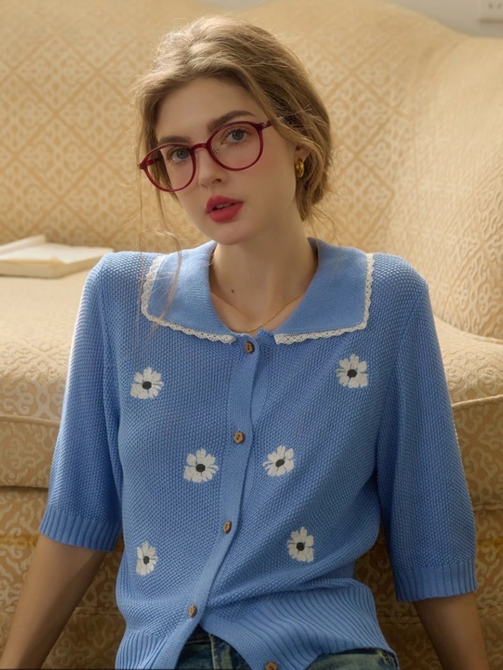 EUC Simple Retro Cora Lace Collar Embroidery Short Sleeved Cardigan Size Large